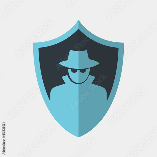 Vector icon made of shield and illustration of a spy in hat and glasses on it. It represents data protection and privacy in an incognito mode