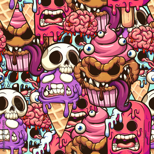 Monster desserts seamless pattern cartoon. Vector clip art illustration with simple gradients. Some elements on separate layers.