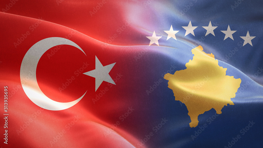 Turkey and Kosovo Flags waving in the wind. 3D Waving flag design. The  national symbol of Turkey and Kosovo, 3D rendering. Illustration Stock