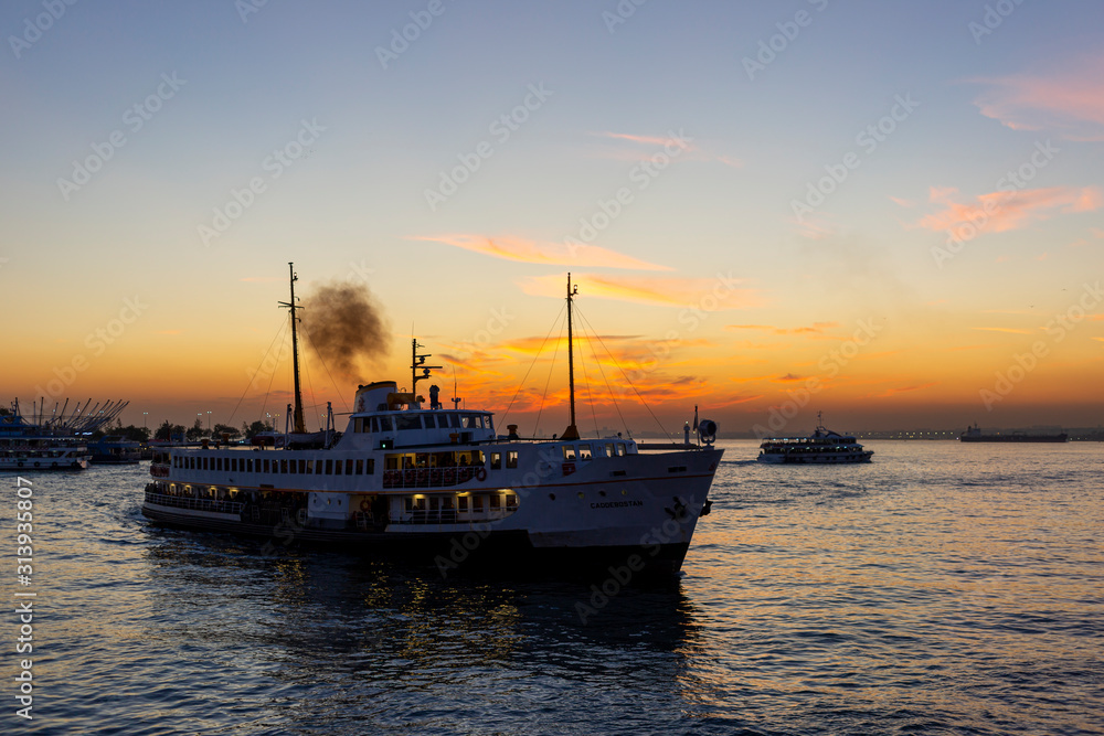 Kadikoy stock, steamer at sunset. October 13, 2017 Istanbul, Turkey