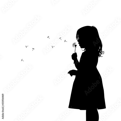 The profile of the silhouette of the girl blows dandelion. Vector illustration
