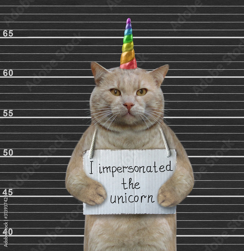 The beige cat with a placard on his neck that says I impersonated the unicorn is in the prison. Black lineup background.