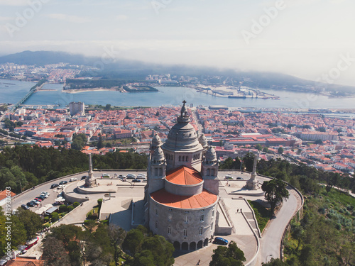 Aerial view of Viana do Castelo, Norte Region, Portugal, with Basilica Santa Luzia Church, shot from drone