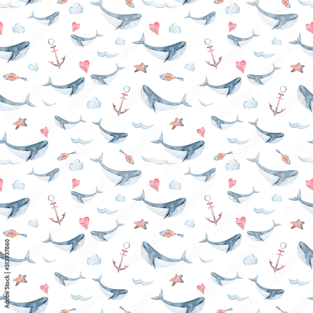 Seamless watercolor ocean background with whales, hearts,fish. Minimalistic pattern. Vintage ornament for wallpaper, fabric, digital paper, wrapping paper, scrapbooking.