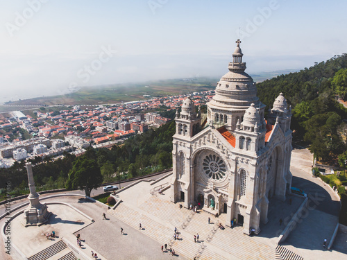 Aerial view of Viana do Castelo, Norte Region, Portugal, with Basilica Santa Luzia Church, shot from drone