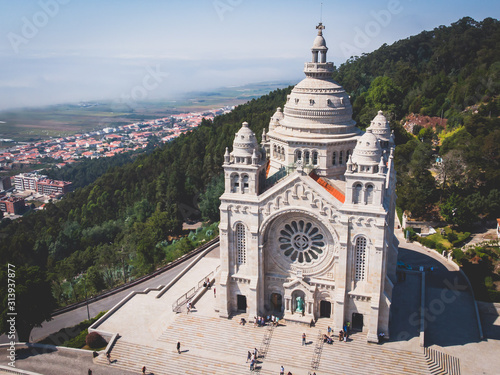 Aerial view of Viana do Castelo, Norte Region, Portugal, with Basilica Santa Luzia Church, shot from drone