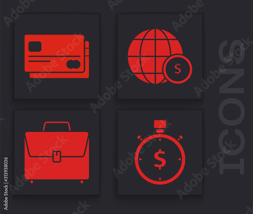 Set Time is money, Credit card, Earth globe with dollar symbol and Briefcase icon. Vector