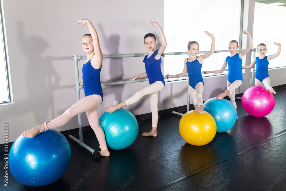 Group of five young girls taking exercise ball class in dance studio Photos  | Adobe Stock