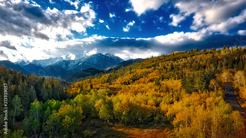 Spectacular fall colors are captured among the aspen trees by drone in the mountains of Utah.