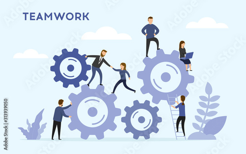 Business teamwork concept. Business people links of mechanism, abstract background with gears, people are engaged in business promotion, strategy analysis. Flat style. Vector illustration