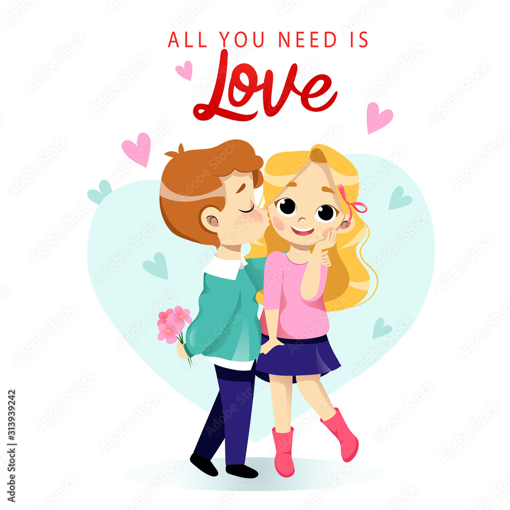 Young cartoon couple is kissing romantically, hugging each other. Place for text. Flat style. Vector illustration Young cartoon couple is kissing romantically, hugging each other. Place for text. Flat style. Vector illustration