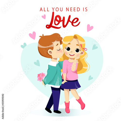 Young cartoon couple is kissing romantically, hugging each other. Place for text. Flat style. Vector illustration