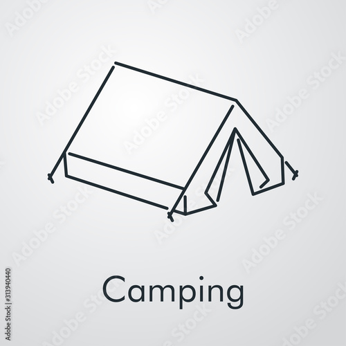 Símbolo camping. Icono plano lineal tienda de acampada en fondo gris