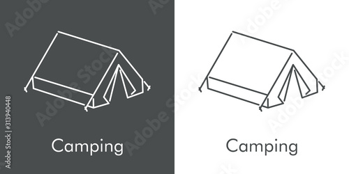 Símbolo camping. Icono plano lineal tienda de acampada en fondo gris y fondo blanco