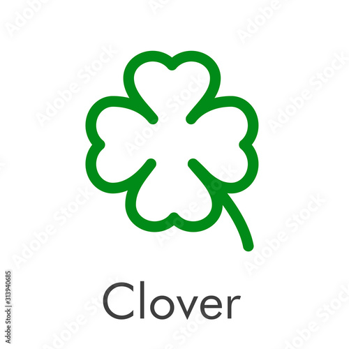 Logotipo abstracto con texto Clover con trébol lineal de 4 hojas en color verde