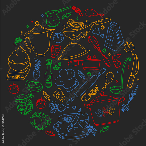 Pattern on blackboard drawn in colorful style, with gastronomy icons, vector cuisine and fast food cafe bright background for menu, receipts.
