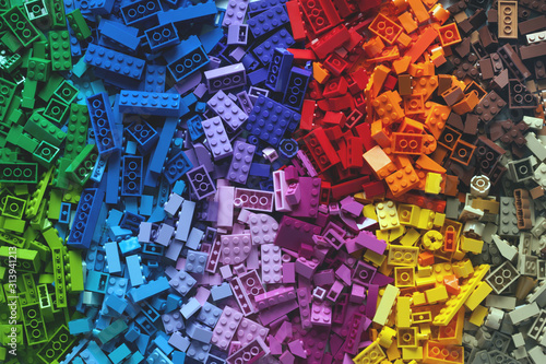 Pile of child's building blocks in multiple colours