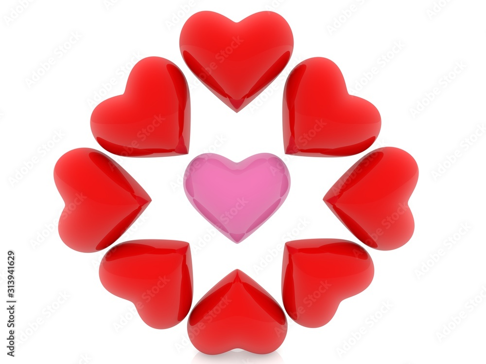 Pink heart between red hearts
