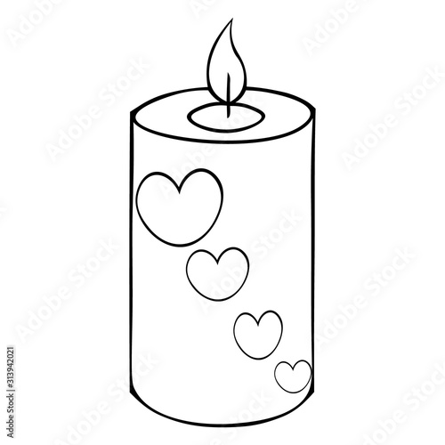 Candle heart ornament. Relaxing environment. Hot flames. Vector. Colorless background. Coloring book for children. Illustration for Valentine day.  Festive print.