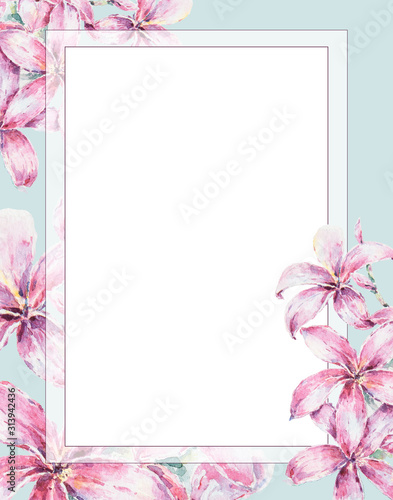 Floral watercolor hand painted frame in a watercolor style isolated. Could be used for background  wedding invitations  greeting cards  pattern  frame or border. Plumeria flower