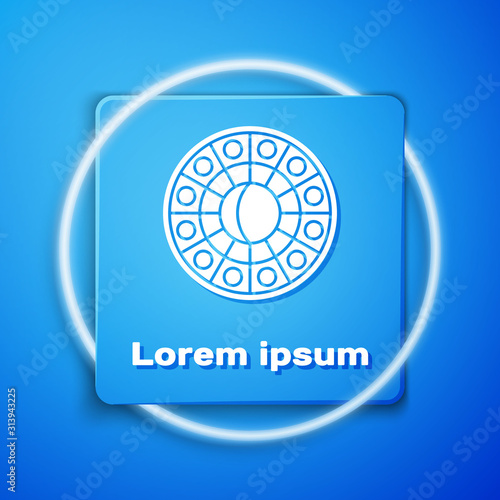 White Astrology horoscope circle with zodiac icon isolated on blue background. Blue square button. Vector Illustration
