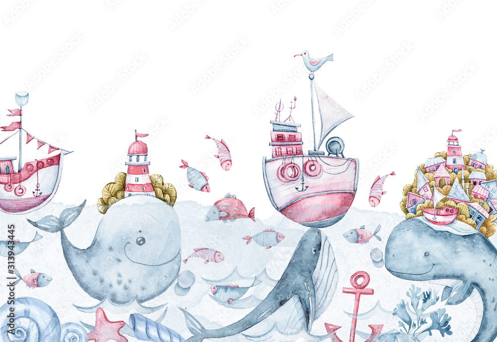 Fototapeta Watercolor cute whales, fish, sea gull, light house. Fantasy ocean composition. Fairytale Illustration on white background. Perfect for patterns print, baby shower card, invitation, greeting card