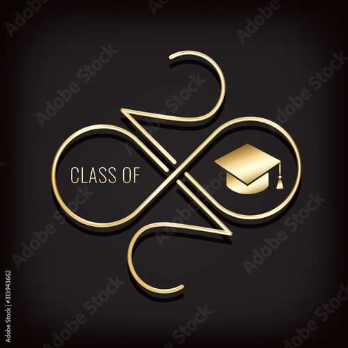Class of 2020 Glossy Gold Style Numerals Logo with Zeroes Making Mobius Loop Square Academic Graduation Cap Sign and Lettering - Golden on Black Background - Gradient Graphic Design