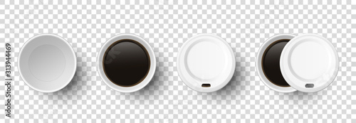 Vector 3d Realistic Disposable Opened and Closed Paper, Plastic Coffee, Tea Cup for Drinks with Plastic Lid Icon Set Closeup Isolated on Transparent Background. Design Template, Mockup. Top View
