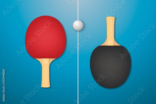 Vector 3d Realistic Red and Black Ping Pong Racket and Ball Icon Closeup on Blue Tennis Table Background. Sport Equipment for Table Tennis. Design Template. Stock Illustration