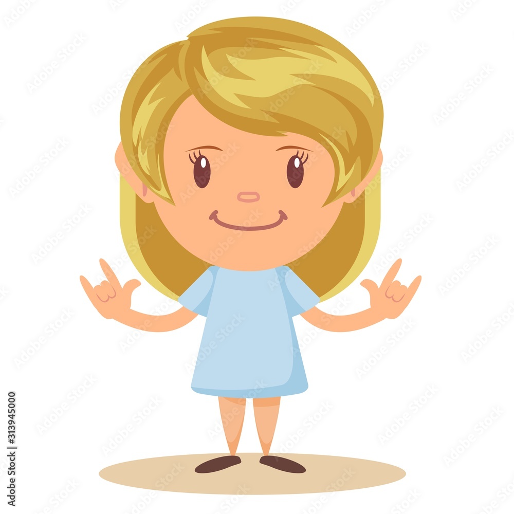 Close up portrait of cool girl showing Rock and Roll sign gesture. Isolated over white background. Vector flat design illustration. Close up portrait of cool girl showing Rock and Roll sign gesture. Isolated over white background. Vector flat design illustration.