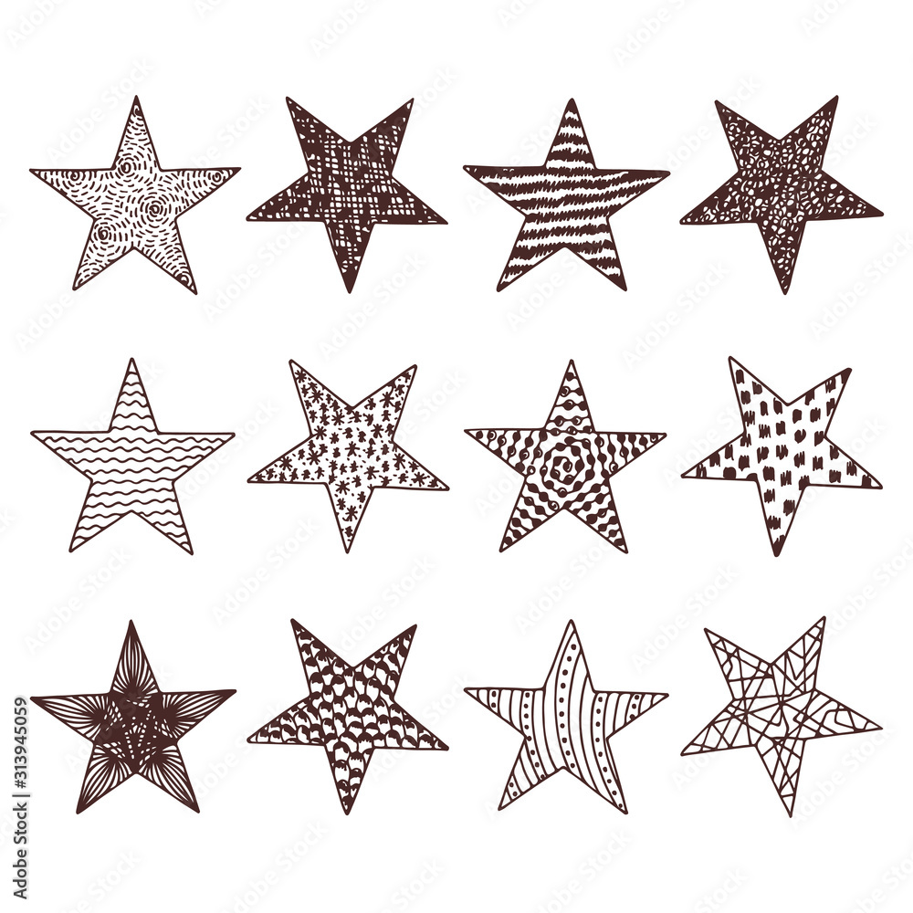 Vector Set of Stars. Stars with different patterns. Stars icons. Hand drawn doodle Stars. Vector Set of Stars. Stars with different patterns. Stars icons. Hand drawn doodle Stars.
