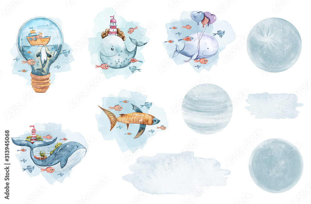 Watercolor cute whales. Fairytale Illustration on white background. Perfect for patterns print, baby shower card, invitation, greeting card Watercolor cute whales. Fairytale Illustration on white background. Perfect for patterns print, baby shower card, invitation, greeting card