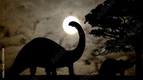 Dinosaurs in Jurassic Landscape, Time Lapse by Night with Full Moon and Dark Silhouette of Prehistoric Animals photo