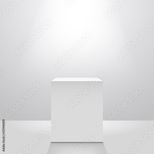 Realistic pedestal or champion podium. Template for the presentation of the best product illuminated by a searchlight.