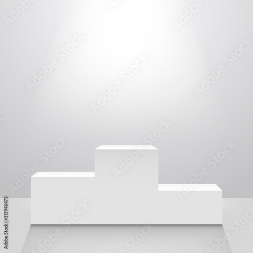 Realistic pedestal or champion podium. Template for the presentation of the best product illuminated by a searchlight.
