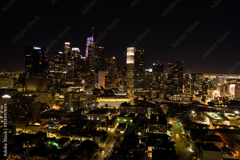 Aerial shot of Los Angeles downtown at night
