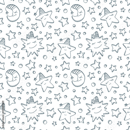 Baby seamless pattern. Cartoon Sun, Moon (Crescent) and Stars