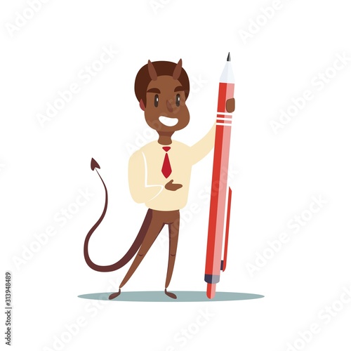 Devil with Pen. Vector flat design illustration.