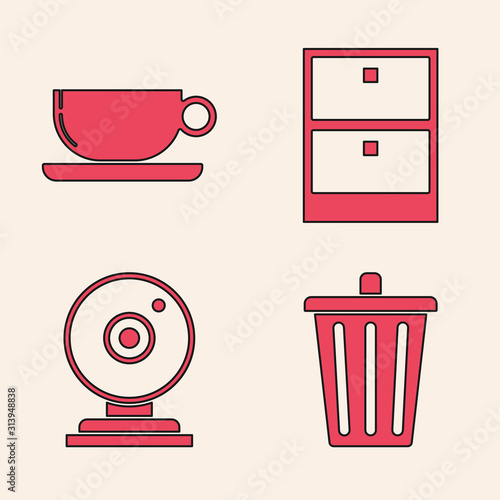 Set Trash can, Coffee cup flat, Archive papers drawer and Web camera icon. Vector