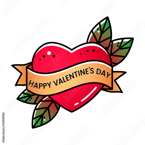 Heart with a ribbon and the inscription St. Valentine's Day. Greeting retro postcard element. vintage tattoo.