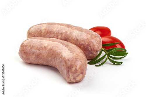 German Sausage, Raw Munich Sausages with herbs and spices, isolated on white background