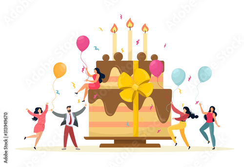 Business celebration concept. Team celebrates company anniversary. Vector illustration in cartoon flat style. White background.