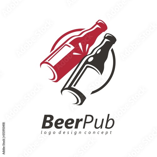 Toasting beer bottles logo design idea for friendly pub or cafe bar. Cheers icon template. Beer cheering and clanging vector round black and red symbol graphic.