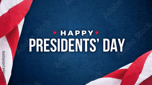 Happy Presidents' Day Typography With American Flags Over Blue Texture Background