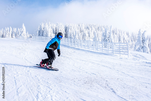Active snowboarder riding snowboard in mountain ski resort with fir trees in the background