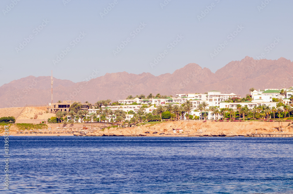 Sharm El Sheikh coast, view of the Red Sea, buildings and mountains