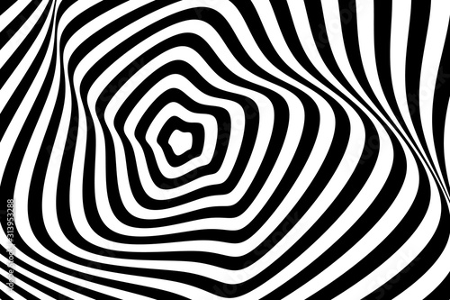 Vector abstract illustration of swirl, vortex pattern with smooth lines. Trendy background in op art style, optical illusion.
