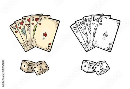 Playing cards poker and two white dice. Vintage engraving