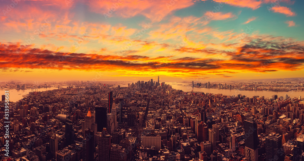 The New York City USA .Manhattan downtown and New Jersey skyline skyscrapers at sunset. Extreme Panorama
