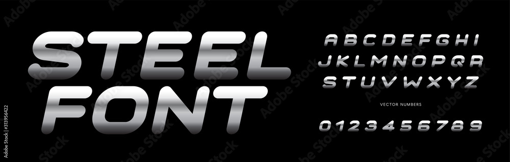 Steel letters and numbers set. Polished metal texture style alphabet. Font for events, promotions, logos, banner, monogram and poster. Vector typography design. Steel letters and numbers set. Polished metal texture style alphabet. Font for events, promotions, logos, banner, monogram and poster. Vector typography design.